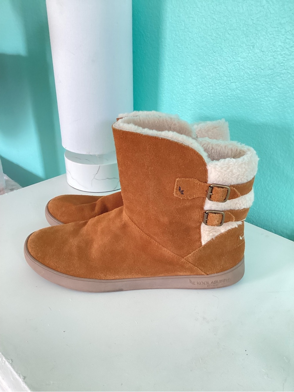Koolaburra Chestnut Suede Shearling Buckle Ankle Boots